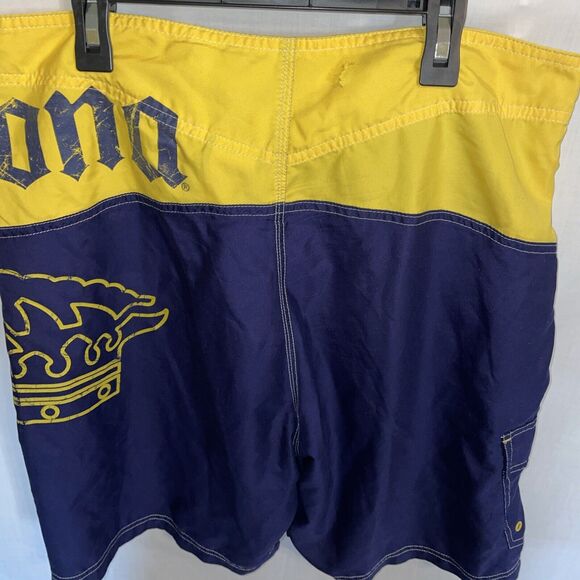 Corona Extra Board Shorts Men’s Size 34 Blue Yellow Drawstring Pocket Side - Picture 8 of 12